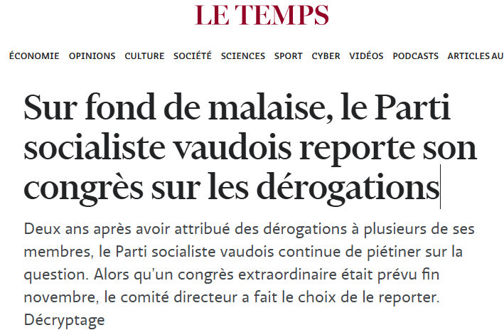 L'annulation du congrès extraordinaire du Parti Socialiste Vaudois, très certainement une conséquence de l'élection complémentaire à Yverdon.